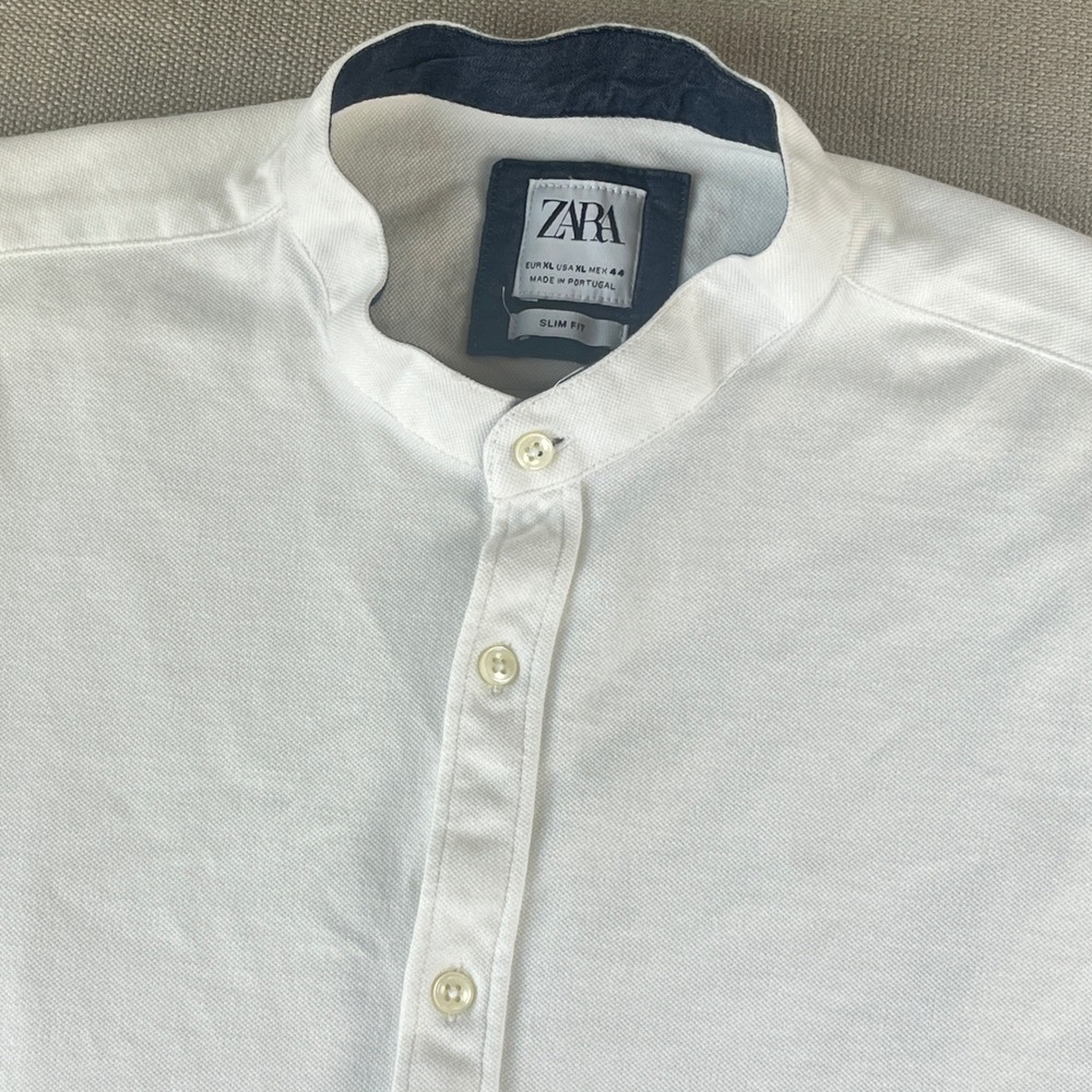 Zara Button Down Shirt Mens XL White Slim Fit Band Collar Short Sleeve Pique